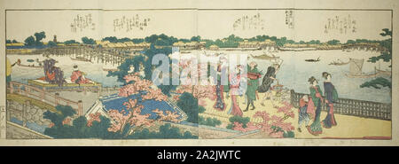 Pages du livre illustré d'une vue panoramique sur les berges de la rivière Sumida (Ehon Sumidagawa ryogan ichiran), 1801, 1804, ou 1806, Katsushika Hokusai 葛飾 北斎, Japonais, 1760-1849, le Japon, la gravure sur bois en couleur, 4 pages de livre illustré, 23,5 x 62,5 cm Banque D'Images