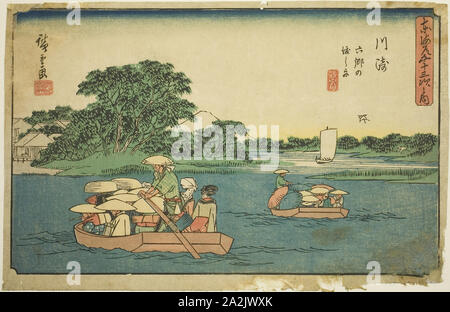 Kawasaki : Ferry Boats à Rokugo (Kawasaki, Rokugo pas watashibune), de la série Cinquante-trois Stations du Tokaido (Tokaido gojusan tsugi no uchi), également connu sous le nom de Gyosho Tokaido, ch. 1841/44, 広重 歌川 Utagawa Hiroshige, Japonais, 1797-1858, le Japon, la couleur d'impression sur bois, aiban, 21,6 x 33 cm (8 1/2 x 13 po Banque D'Images