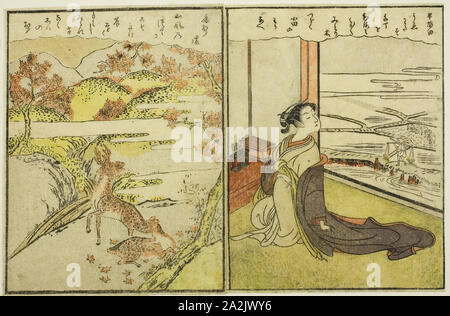 Pages de Tome 1 et 2 de la photo Livre de brocarts de printemps (haru no Ehon nishiki), 1771, Suzuki Harunobu 鈴木 春信, japonais, 1725 ( ?)-1770, le Japon, la couleur d'impression sur bois, double-page illustration de livre, 18 x 27,5 cm (7 1/16 x 10 13/16 in Banque D'Images