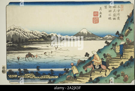 N° 31 : Vue sur le lac Suwa de Shiojiri Pass (Sanjuichi : Shiojiri pas chobo kosui Suwa bien positionné en couverture), de la série [soixante-neuf Stations du Kisokaido], ch. Keisai Eisen, 1835/36, Japonais, 1790-1848, le Japon, la couleur d'impression sur bois, Oban, 21,9 x 34,1 cm (8 5/8 x 13 7/16 po Banque D'Images