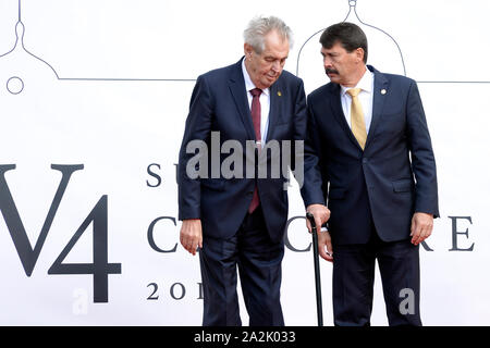 Lany, République tchèque. 06Th Oct, 2019. Le Président tchèque Milos Zeman, à gauche, et son homologue hongrois Janos Ader pour préparer la session de photos avant l'ouverture de session plénière du Groupe de Visegrad (V4 ; République tchèque, Slovaquie, Pologne, Hongrie), de la Slovénie et de la Serbie de présidents, à Lany Chateau, la République tchèque, le Jeudi, Octobre 3, 2019. Photo : CTK/Alamy Live News Banque D'Images