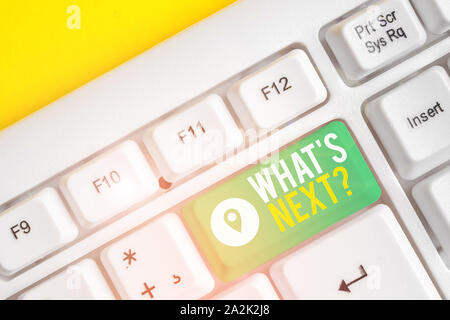 Signe texte montrant ce qui s suivant. Photo d'entreprise demande de texte tout ce qui vient immédiatement après la présente un clavier pc blanc vide avec abo papier note Banque D'Images