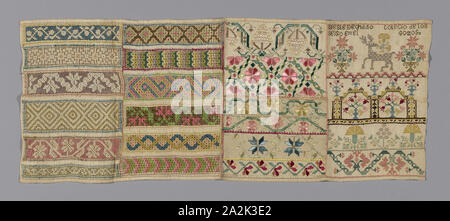 Sampler, 1825/75, au Mexique, México, linge de maison, à armure toile, de couper et d'interminables travaux brodés de draps et de soie dans la région de Aztec, hem, boucle entrelacée, Fédération de couvert, et une variante de la croix, et brodé avec des draps de soie et en retour, cross, double d'exécution, des croix, armés et satin stitches, 27,6 x 70,2 cm (10 7/8 x 27 5/8 po Banque D'Images