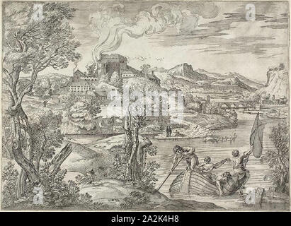 Paysage avec un Luteplayer, 1627, artiste inconnu, après Giovanni Francesco Grimaldi (Italien), ch. 1606-1680), après le Titien (Italien), ch. 1488-1576), Venise, gravure sur papier vergé ivoire, 343 x 470 mm (image), 347 x 473 mm (feuille Banque D'Images