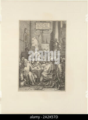 La dernière Cène, une plaque de la Passion du Christ, 1598, Hendrick Goltzius, néerlandais, 1558-1617, Pays-Bas, gravure en noir sur papier vergé crème, 196 x 130 mm (image), 202 x 136 mm (plaque), 318 x 244 mm (feuille Banque D'Images