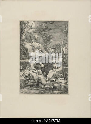 L'agonie dans le jardin, deux plaques de la Passion du Christ, 1597, Hendrick Goltzius, néerlandais, 1558-1617, Pays-Bas, gravure en noir sur papier vergé crème, 196 x 130 mm (image), 202 x 135 mm (plaque), 318 x 247 mm (feuille Banque D'Images