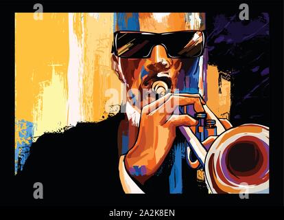 Trumpet player sur grunge fond - vector illustration (idéal pour l'impression sur tissu ou papier, affiche ou papier peint, décoration de la chambre) Illustration de Vecteur