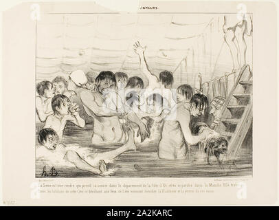 La source de la Seine est la Cote d'or, et il se jette dans le canal. Sur son chemin il traverse Paris, où les habitants s'échapper la chaleur de l'été et essayer de trouver la fraîcheur et la pureté dans cette rivière, planche 3 De : les baigneurs, 1839, Honoré Daumier Victorin, Français, 1808-1879, France, lithographie en noir sur papier vélin ivoire, 204 × 270 mm (image), 253 × 342 mm (feuille Banque D'Images