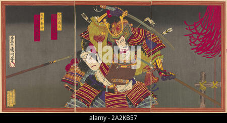 Les acteurs Ichikawa Sadanji I comme Imagawa Yoshimoto et Onoe Kikugoro V comme Shinsuke Mori, 1884, Toyohara Kunichika, Japonais, 1835-1900, le Japon, la couleur d'impression sur bois, Oban triptyque, 73,2 x 37,0 cm Banque D'Images