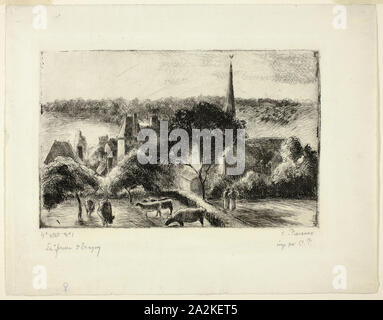 L'église et de l'exploitation à Éragny, 1895, Camille Pissarro, Français, 1830-1903, France, pointe sèche en noir sur papier vergé ivoire, 155 × 243 mm (image/plaque), 251 × 323 mm (feuille Banque D'Images