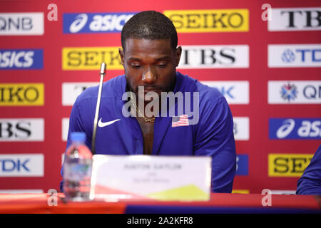 Justin Gatlin parle au cours de la conférence de presse de la course après les Championnats du monde d'athlétisme à Doha, Qatar, le 28 septembre 2019 Banque D'Images