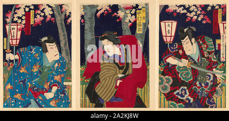 Les acteurs Nakamura Shikan Fuwa Banzaemon IV comme, Nakamura Fukusuke IV comme la femme de chambre, et Kataoka Gado III comme Sanzaburo Nagoya Toyohara Kunichika, 1885,, Japonais, 1835-1900, le Japon, la couleur d'impression sur bois, triptyque oban Banque D'Images