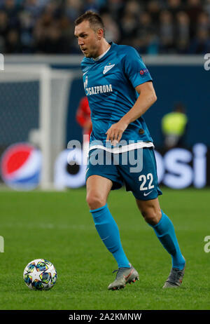 SAINT PETERSBURG, RUSSIE - 02 OCTOBRE : Artem Dzyuba de FC Zenit Saint-Pétersbourg en action lors de la Ligue des Champions, groupe G, match entre Zenit Saint-Pétersbourg et SL Benfica à Gazprom Arena le 2 octobre 2019 à Saint-Pétersbourg, en Russie. (Photo de (MO) des médias) Banque D'Images