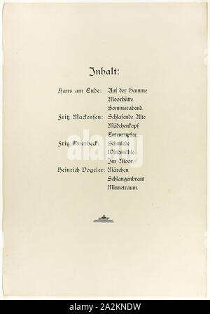 Portefeuille, page de titre et colophon pour Vom Weyerberg, 1895, Heinrich Vogeler (allemand, 1872-1942), Fritz Mackensen (allemand, 1866-1953), Fritz Overbeck (1869-1909), allemand, Hans Ende (allemand, 1864-1918), l'Allemagne, la couverture de portefeuille en tissu, page de titre avec gravure sur vélin crème (par Vogeler) et la police de la page colophon avec typographie, 527 × 367 mm Banque D'Images