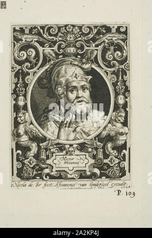 Hector de Troie, une plaque de la Neuf dignes, 1594, Nicolaes de Bruyn (1571-1656), flamand, publié par Assuerus van Londerseel (flamande, 1572-1635), Flandre, gravure en noir sur papier vergé crème, 117 × 88 mm (image), 124 × 91 mm (plaque), 197 × 153 mm (feuille Banque D'Images