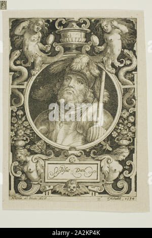 Josué, plaque quatre des neuf dignes, 1594, retravaillé deuxième état, Nicolaes de Bruyn (1571-1656), flamand, publié par Assuerus van Londerseel (flamande, 1572-1635), Flandre, gravure en noir sur papier vergé crème, crème à l'embout sur papier, 118 × 84,5 mm (image), 121 × 84,5 mm (support principal, coupé à l'intérieur de la plaque), 133 × 98 mm (support secondaire Banque D'Images