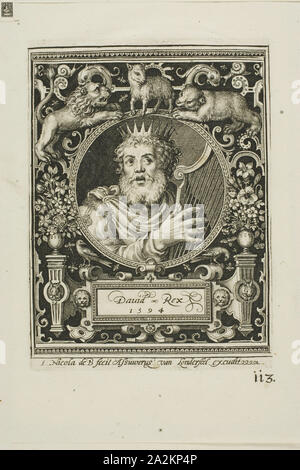 Le roi David, cinq des neuf plaque dignes, 1594, Nicolaes de Bruyn (1571-1656), flamand, publié par Assuerus van Londerseel (flamande, 1572-1635), Flandre, gravure en noir sur papier vergé crème, 118 × 91 mm (image), 125 × 92 mm (plaque), 180 × 147 mm (feuille Banque D'Images