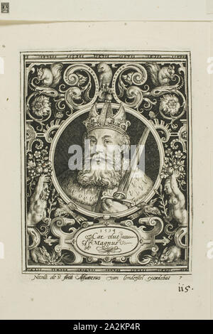 Charlemagne, sept des neuf plaque dignes, 1594, Nicolaes de Bruyn (1571-1656), flamand, publié par Assuerus van Londerseel (flamande, 1572-1635), Flandre, gravure en noir sur papier vergé crème, 118,5 × 91 mm (image), 123 × 92 mm (plaque), 180 × 149 mm (feuille Banque D'Images