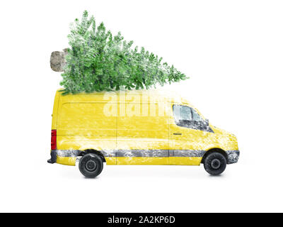 La prestation de conduite automobile avec un arbre de Noël sur le toit isolé sur fond blanc. Transport de fret et de concept. Banque D'Images