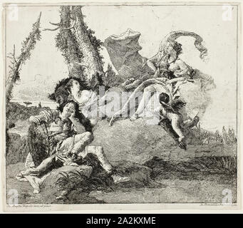 Armida tombe amoureux de Rinaldo, ch. 1775, Giandomenico Tiepolo (Italien), Bassano Jacopo, après Giambattista Tiepolo (italien, 1696-1770), l'Italie, l'eau-forte en noir sur papier vergé ivoire, 257 x 291 mm (image), 267 x 299 mm (feuille), parés à l'intérieur d'une plaque mark Banque D'Images