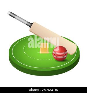 Le cricket field 3d avec de l'herbe bien verte, une boule rouge et l'icône bat isolé sur fond blanc, vector illustration. Illustration de Vecteur