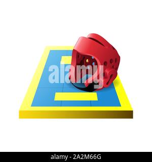 Tatami taekwondo colorés 3d, mat et l'icône casque rouge isolé sur fond blanc, vector illustration Illustration de Vecteur