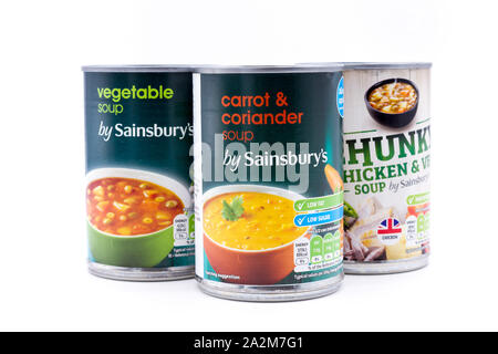 Trois boîtes, boîtes de soupes Sainsburys. UK Banque D'Images