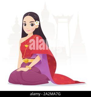 Illustration femmes thaïlandaises en tenue traditionnelle thaï traditionnel, costume de l'Asie du Sud-Est, Vector cartoon Banque D'Images