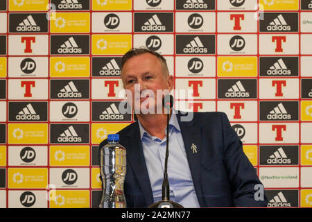 Windsor Park, Belfast, Irlande du Nord, Royaume-Uni. 06Th Oct 2019. L'Irlande du manager Michael O'Neill nommé son équipe aujourd'hui pour le match de qualification de l'Euro 2020 contre les Pays-Bas (à Rotterdam le 10 octobre) et un match amical contre la République tchèque (à Prague le 14 octobre). L'Irlande du Nord est deuxième, derrière l'Allemagne sur la différence de but, dans le groupe C, tandis que les Pays-Bas sont troisième, trois points derrière avec un jeu en main.Crédit : David Hunter/Alamy Live News. Banque D'Images