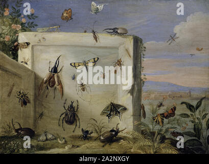 Les insectes sur une dalle de pierre, huile sur cuivre, 17,5 x 23,5 cm, non signé, Jan van Kessel d. Ä., Antwerpen 1626-1679 Antwerpen Banque D'Images