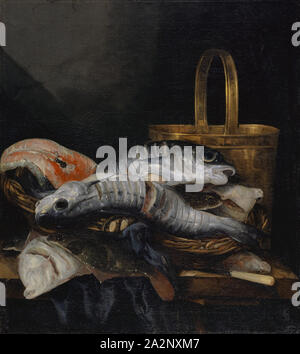 Les poissons morts, huile sur toile, 74,6 x 66,6 cm, signée en bas à droite de la table : AVB., f, ., [AVB ligaturé], Abraham van Beyeren. Henricksz, Den Haag 1620/21-1690 Rotterdam Overschie bei Banque D'Images