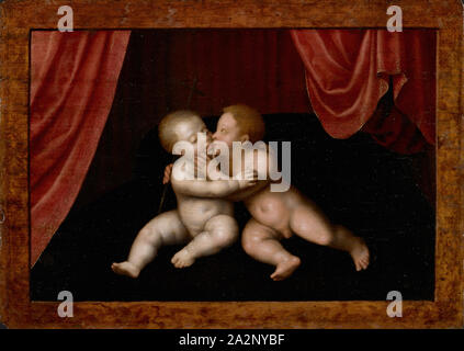 Le Christ et Jean le Baptiste comme enfants, serrant les uns les autres, xvie s., huile sur panneau, 26,5 x 36,5 cm, non signé, Joos van Cleve (Joos van der Beke), (Nachfolger / disciple), Cleve ( ?) um 1485-1540/41 Antwerpen Banque D'Images