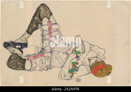 Femme allongée sur le dos, 1914, crayon et gouache, verso : crayon, feuille : 31,8 x 48,2 cm (plus grande masse), U. M. signée et datée au crayon : Egon SCHIELE, 1914, [encadré dans un crayon], Egon Schiele, Tulln an der Donau Niederösterreich/1890-1918 Wien Banque D'Images