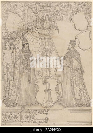 La rupture du disque avec le Pape Clément VII et l'Empereur Charles V et le bord du bouclier comme armoiries de Bâle (pour la faculté de droit de l'Université de Bâle), plume en noir, des traces d'un dessin préliminaire avec un crayon noir, page : 43,3 x 31,8 cm |, Image : 42,7 x 31,3 cm, O. inscrite dans l'illustration : VERITAS, IVSITIA [sic], PRUDEN, CIG, Ludwig Ringler, Bâle 1536-1606 Basel Banque D'Images