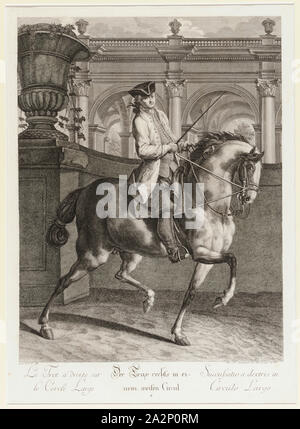 Le trot sur le droit d'un large cercle, 1734, etching, feuille : 59,7 x 44 cm |, plaque : 53,6 x 38,5 cm, U.l., ci-dessous l'illustration : avec P.S.C.M ., u.r . : Joh. El., Ridinger inv. Des. Et exc., A. V., Johann Elias Ridinger, Ulm 1698-1767 Augsburg Banque D'Images