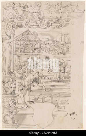 Du verre brisé avec Carpenter, plume en gris foncé, gris lavez, feuille : 31,9 x 20,2 cm, non marqué, Tobias Stimmer, (Kopie nach / copie après), Schaffhouse 1539-1584 Pischeldorf Banque D'Images