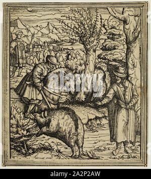 Après Leonard Hans Schäufelein, allemand, 1480-1540, Cavalier attaqué par un sanglier, ca. 1517, gravure sur bois, imprimé à l'encre noire sur papier vergé, Image et feuille : 6 × 6 pouces 3/4 (17,1 × 15,2 cm Banque D'Images