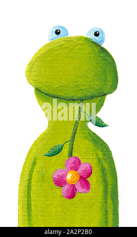 Illustration acrylique de la grenouille drôle avec fleur rose dans la bouche Banque D'Images