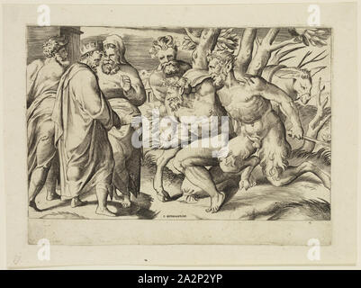 Guilio di Antonio Bonasone, italien, 1498-1580, deux satyres silène à amener le roi Midas, entre 1500 et 1580, gravure imprimée dans l'encre noire sur papier vergé, plaque : 6 1/4 x 8 5/8 pouces (15,9 × 21,9 cm Banque D'Images