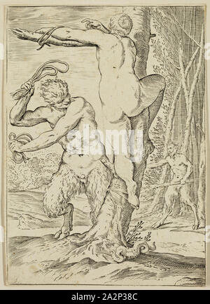 Agostino Carracci, italien, 1557-1602, Satyr fouetter un nymphe, entre 1590 et 1595, gravure imprimée dans l'encre noire sur papier vergé, feuille (à l'intérieur d'une plaque découpée) Marque : 6 × 4 pouces 1/4 (15,2 × 10,8 cm Banque D'Images