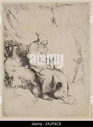 Jan Lievens, néerlandais, 1607-1674, 17e siècle, l'Ermite, de gravure imprimée dans l'encre noire sur papier vergé, plaque : 4 3/4 x 3 1/2 pouces (12,1 × 8,9 cm Banque D'Images