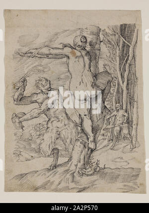 Inconnu (Italien), après Agostino Carracci, italien, 1557-1602, Satyr châtier une nymphe, 17e siècle, un stylo et à l'encre noire d'un dessin préliminaire en graphite sur papier vergé antique crème, feuille : 7 1/2 × 5 13/16 po (19,1 × 14,8 cm Banque D'Images