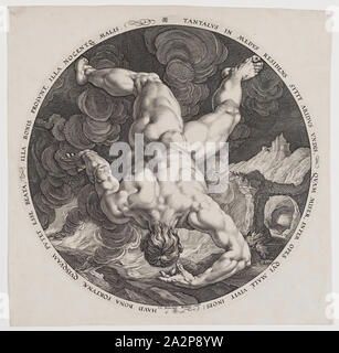 Hendrick Goltzius, néerlandais, 1558-1617, après Cornelis Cornelisz. van Haarlem, Néerlandais, 1562 - 1638, 1588, Tantalus, gravure imprimée à l'encre noire sur papier vergé blanc cassé, la plaque (diamètre) : 13 1/8 po (33,3 cm Banque D'Images