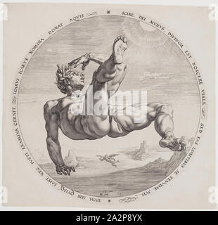 Hendrick Goltzius, néerlandais, 1558-1617, après Cornelis Cornelisz. van Haarlem, Néerlandais, 1562 - 1638, Icarus, 1588, gravure imprimée à l'encre noire sur papier vergé blanc cassé, la plaque (diamètre) : 13 1/8 po (33,3 cm Banque D'Images