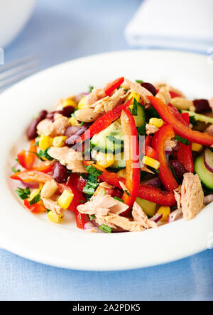 Salade de légumes mélangés avec du thon, haricots blancs et kindey, poivron rouge, concombre, maïs sucré, oignons rouges et du persil frais. Banque D'Images