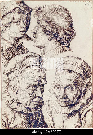 Jacques de Gheyn II, 1565-1629, Russisch, Études des chefs des deux jeunes et une vieille femme, entre 1600 et 1605, plume et encre brune sur mine de plomb sur papier vergé graphite tachée, feuille : 5 1/4 x 38 1/4 pouces (13,3 × 97,2 cm Banque D'Images