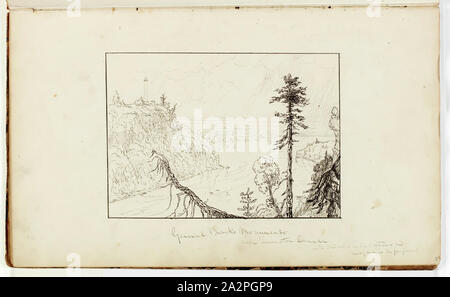 Thomas Cole, Américain, 1801-1848, général du monument Brock, près de Lewiston, le Canada, avec le lac Ontario dans la distance et la rivière Niagara, au premier plan, ca. 1829, plume et encre noire sur mine de crayon sur papier vélin blanc cassé, feuille : 15 1/2 x 9 1/4 pouces (39,4 × 23,5 cm Banque D'Images