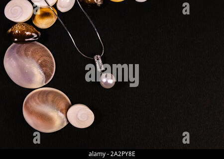 Magnifique collier pendentif argent avec spreaded coquillages sur fond noir Banque D'Images