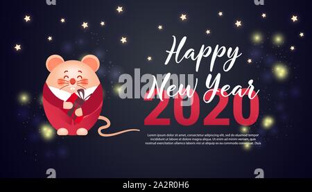 Joyeux Nouvel An chinois 2020 année du rat. Rat mignon tenir des cadeaux surprises sur fond sombre. Illustration de Vecteur