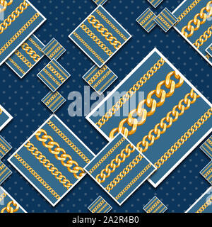 Patchwork Seamless pattern avec les chaînes de carrés blancs sur fond bleu prêt pour impression textile. vintage, foulard, répéter, précieux, collier, brillant. Banque D'Images